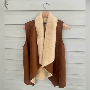 CHAPS faux suede vest brown cream sherpa fleece boho sz soft cozy streetwear M